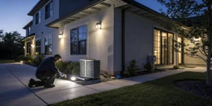 24 hour AC service technician repairing an outdoor unit at night.
