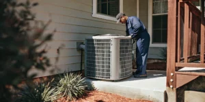 HVAC technician inspecting an outdoor air conditioner condenser unit at a residential home