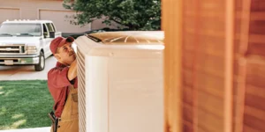 HVAC technician performing AC repair on outdoor condenser unit in San Antonio residential neighborhood