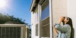 San Antonio homeowner standing near an electrical panel on a hot summer day, HVAC unit visible through the window