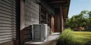 Modern air-source heat pump outdoor unit installed at a San Antonio residential property for efficient home heating and cooling