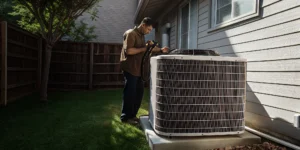 HVAC technician inspecting outdoor AC condenser in Texas backyard