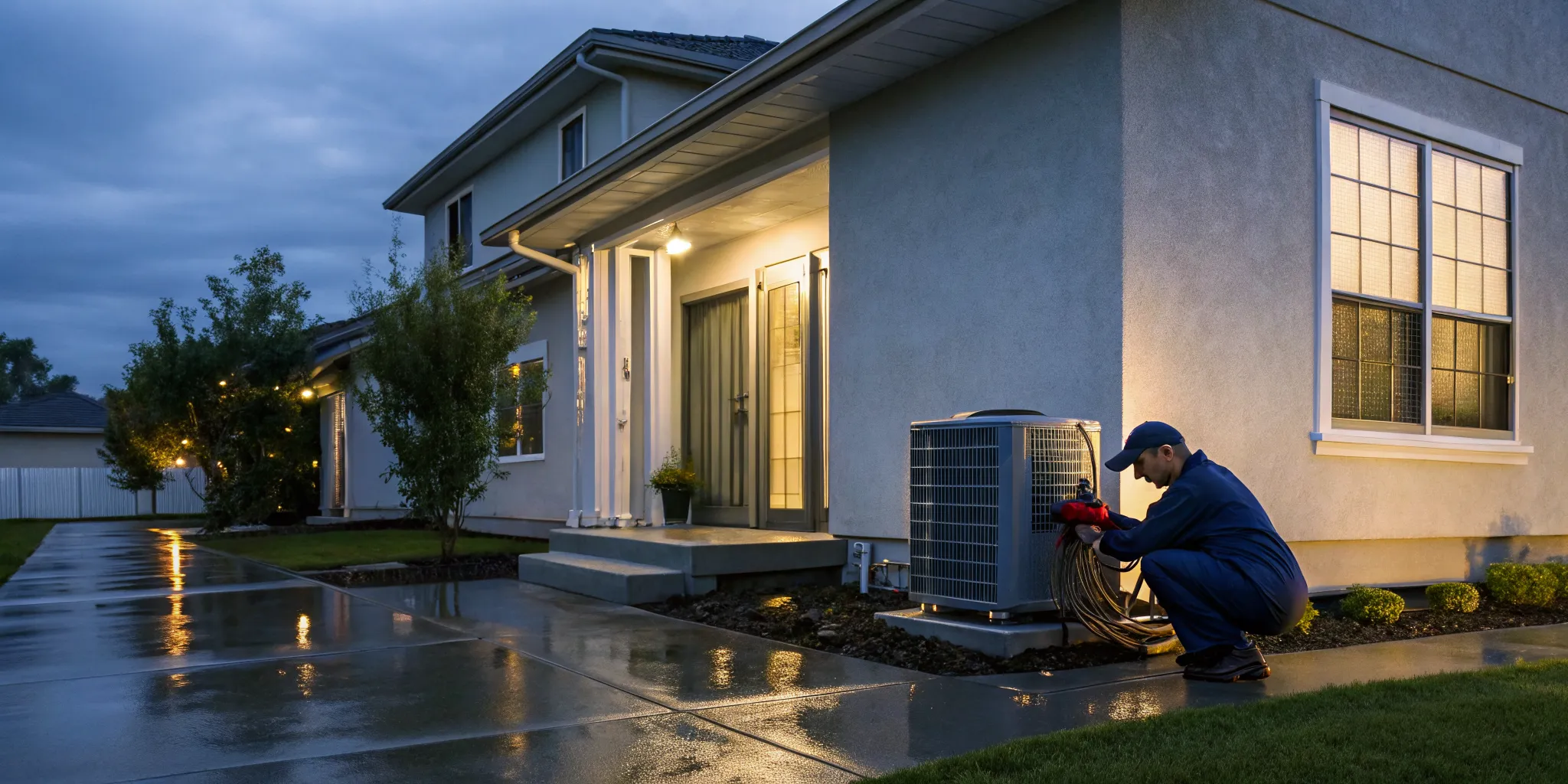 Technician performs an emergency AC repair at dusk, affecting how much the repair will cost.