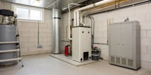 A gas furnace with the cover removed as part of the process for how to clean a gas furnace.