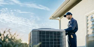 Professional HVAC technician servicing an air conditioning unit at a San Antonio home