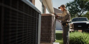 Professional HVAC technician performing a tune-up inspection on an air conditioning unit in San Antonio