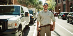 Modern Air System HVAC technician standing by service truck in San Antonio