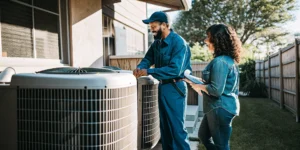 HVAC technician talking with a homeowner beside an air conditioning unit in a San Antonio backyard