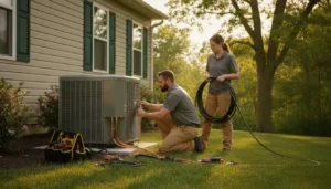 Technician installing a heat pump outdoor unit beside a San Antonio home