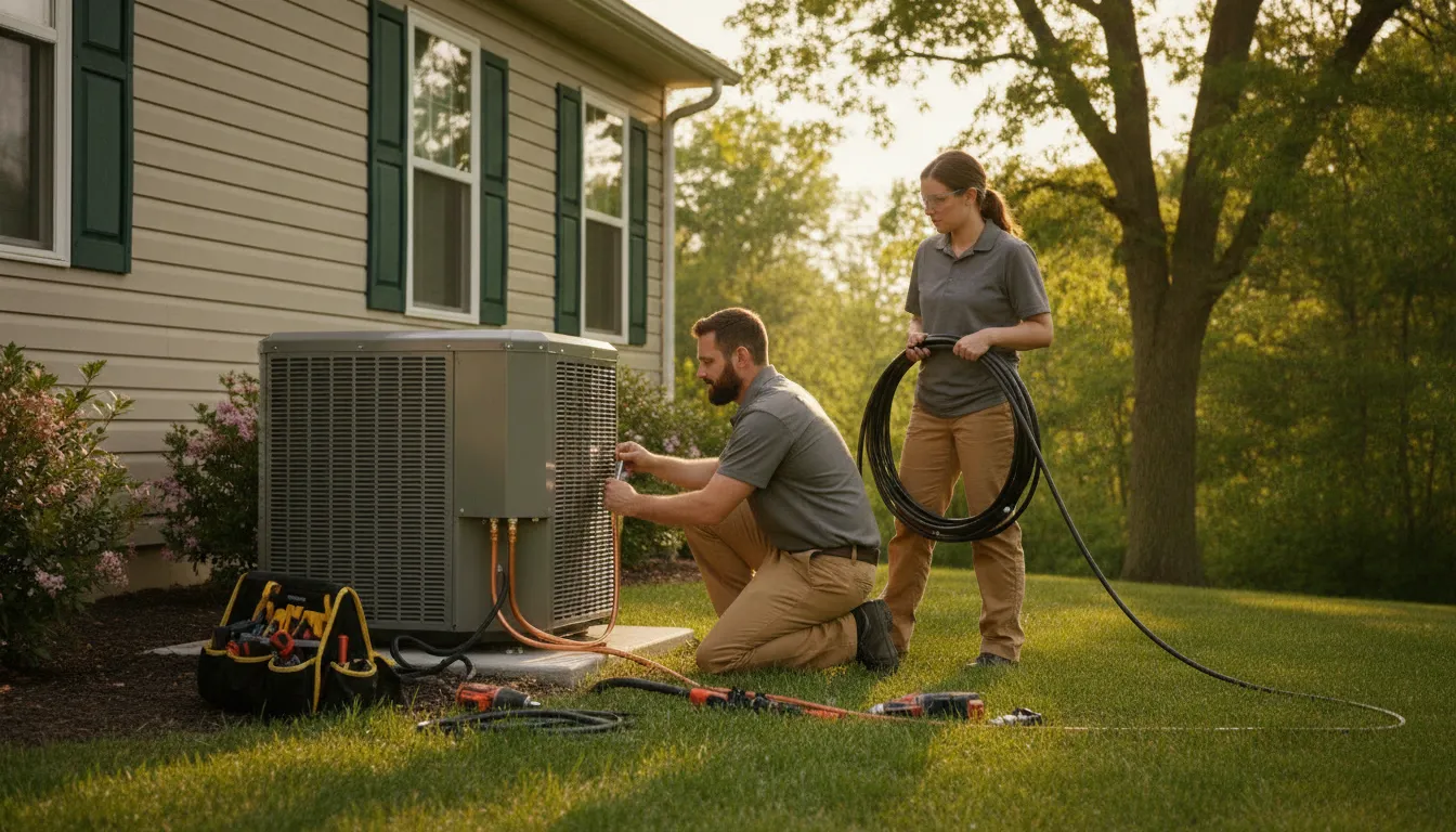 Technician installing a heat pump outdoor unit beside a San Antonio home
