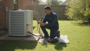 HVAC technician performing a seasonal tune-up on a residential air conditioning unit in a San Antonio backyard