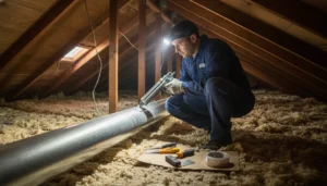 HVAC technician sealing a supply duct joint in a San Antonio home attic