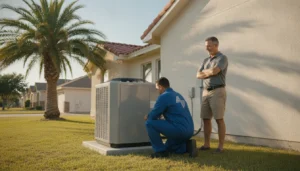 HVAC technician installing an outdoor heat pump unit beside a sunlit Texas home
