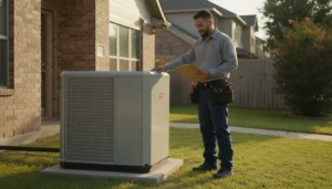 HVAC technician evaluating a modern heat pump condenser unit outside a San Antonio home