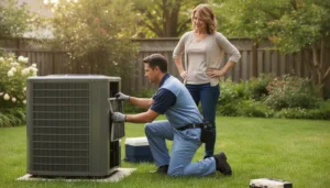 HVAC technician kneeling beside an outdoor air conditioning unit in a sunny San Antonio backyard