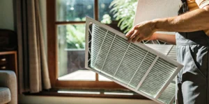 HVAC technician replacing an indoor air filter in a bright San Antonio home