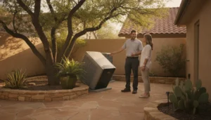 Modern Air System technician reviewing a heat pump with a San Antonio homeowner