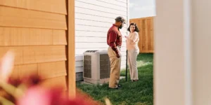 HVAC technician assessing an older air conditioner for the R-22 Freon phase out in San Antonio