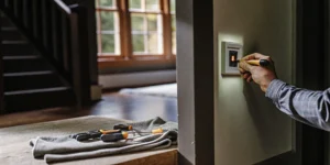 HVAC technician installing a smart thermostat on a wall in a San Antonio home
