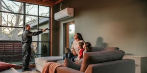 HVAC technician shows a San Antonio family an indoor air purification system on the wall